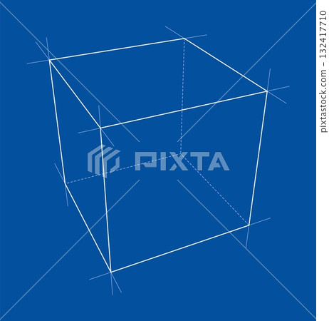 Wireframe Cube on Blue Background 132417710