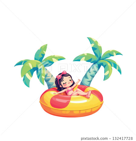 Vsai girl relaxing on inner tube between palm trees Vsai girl relaxing on inner tube between palm trees 132417728
