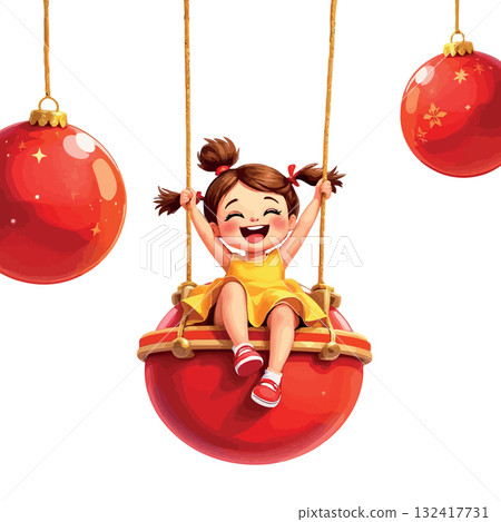 Vsai happy girl swinging on a christmas ornament Vsai happy girl swinging on a christmas ornament 132417731