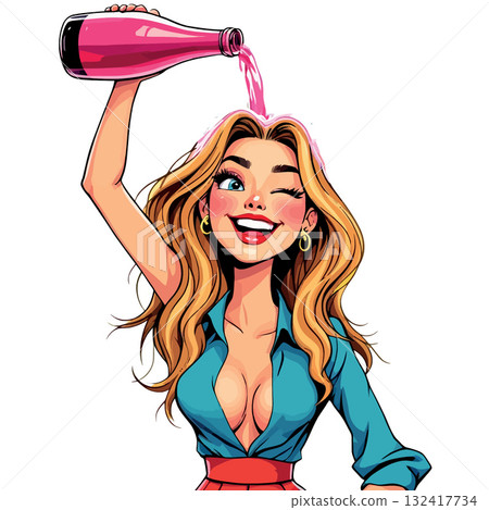 Vsai happy woman pouring refreshing drink over head Vsai happy woman pouring refreshing drink over head 132417734