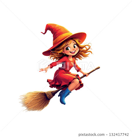Vsai cute happy cartoon witch flying broomstick Vsai cute happy cartoon witch flying broomstick 132417742