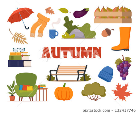 Autumn icons set. Autumn attributes. Pumpkin, apple, boots, umbrella, chair, plaid, books, mug, tree, bench, hat, leaves. Vector illustration. 132417746