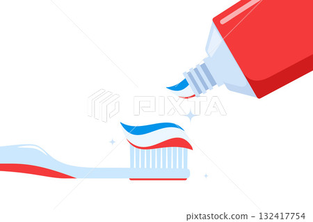 Teeth hygiene. Toothbrush with paste and tube of toothpaste. Dental and oral care concept. Vector illustration. Teeth hygiene. Toothbrush with paste and tube of toothpaste. Dental and oral care concept. Vector illustration. 132417754