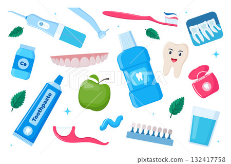 Oral care and hygiene products, dental cleaning tools icon set. Toothbrush, toothpaste, mouthwash, floss toothpick, dental floss, dental irrigator. Brushing teeth. Vector illustration. Oral care and hygiene products, dental cleaning tools icon set. Toothbrush, toothpaste, mouthwash, floss toothpick, dental floss, dental irrigator. Brushing teeth. Vector illustration. 132417758