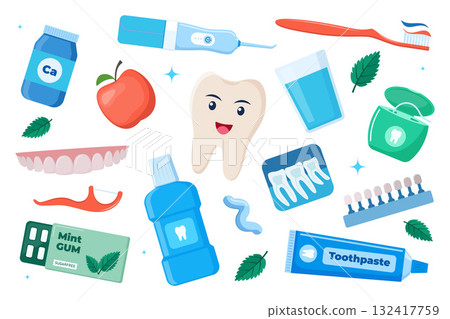 Oral care and hygiene products, dental cleaning tools icon set. Toothbrush, toothpaste, mouthwash, floss toothpick, dental floss, dental irrigator. Brushing teeth. Vector illustration. 132417759