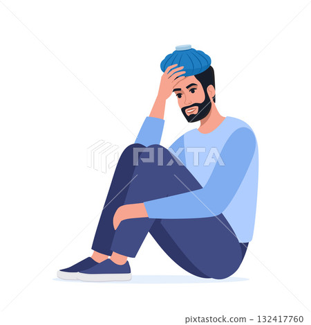 Man suffers from hangover and puts ice pack on head to get rid of headache. Guy with hangover sitting. Vector illustration. Man suffers from hangover and puts ice pack on head to get rid of headache. Guy with hangover sitting. Vector illustration. 132417760