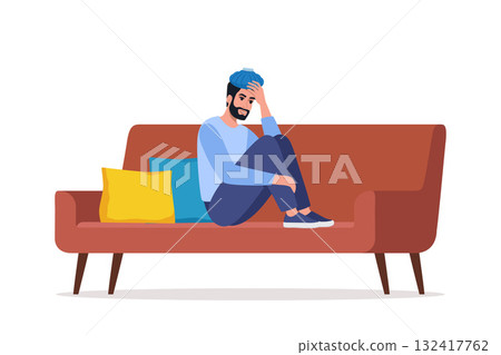 Man suffers from hangover and puts ice pack on head to get rid of headache. Guy with hangover sitting on couch. Vector illustration. Man suffers from hangover and puts ice pack on head to get rid of headache. Guy with hangover sitting on couch. Vector illustration. 132417762