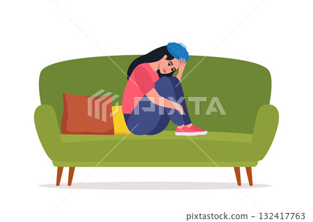 Woman suffers from hangover and puts ice pack on head to get rid of headache. Girl with hangover sitting on couch. Vector illustration. Woman suffers from hangover and puts ice pack on head to get rid of headache. Girl with hangover sitting on couch. Vector illustration. 132417763