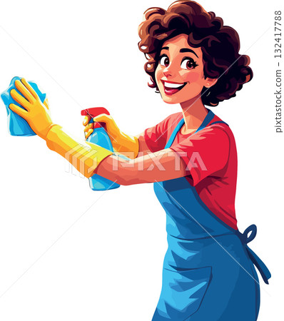 Vsai happy woman cleaning, holding spray bottle and rag Vsai happy woman cleaning, holding spray bottle and rag 132417788