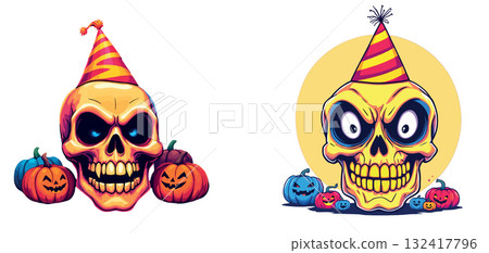 Vsai skull wearing party hat celebrating halloween with pumpkins Vsai skull wearing party hat celebrating halloween with pumpkins 132417796