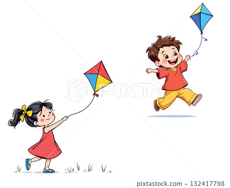 Vsai happy children playing outdoors flying colorful kites Vsai happy children playing outdoors flying colorful kites 132417798