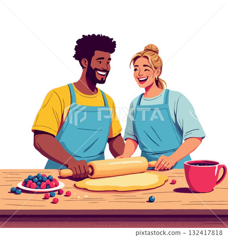 Vsai diverse couple happily baking together preparing homemade dough Vsai diverse couple happily baking together preparing homemade dough 132417818