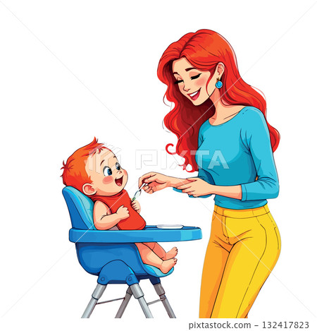 Vsai mother feeding a happy baby sitting in a high chair 132417823