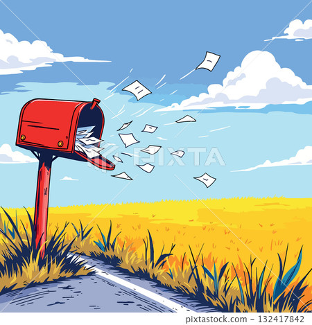 Vsai red mailbox losing letters in countryside wind Vsai red mailbox losing letters in countryside wind 132417842