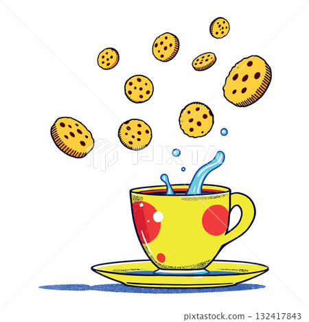 Vsai cookies falling into a polka dot teacup, splashing Vsai cookies falling into a polka dot teacup, splashing 132417843