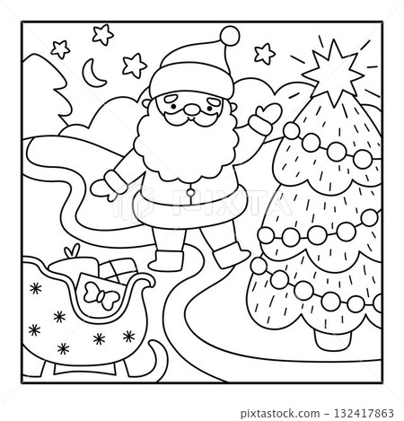 Vector black and white square Christmas village landscape. New Year line night scene with Santa Claus, fir tree, sledge with presents. Winter holiday background, coloring page for kids Vector black and white square Christmas village landscape. New Year line night scene with Santa Claus, fir tree, sledge with presents. Winter holiday background, coloring page for kids 132417863