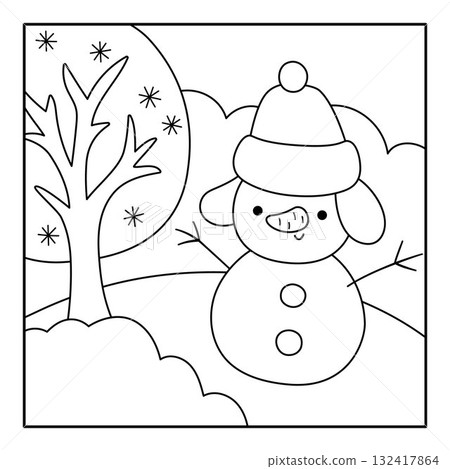 Vector black and white square Christmas village landscape. New Year line night scene with snowman, tree, snow field. Festive winter holiday background, coloring page for kids 132417864
