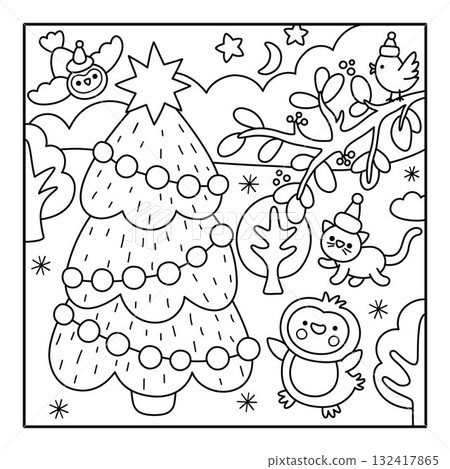 Vector black and white square Christmas village landscape. New Year night line scene with penguin, tree, bird on twig, cat in Santa Claus hat. Festive winter holiday coloring page for kid Vector black and white square Christmas village landscape. New Year night line scene with penguin, tree, bird on twig, cat in Santa Claus hat. Festive winter holiday coloring page for kid 132417865