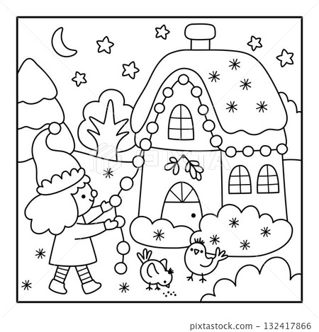 Vector square Christmas village landscape. New Year black and white night scene with elf girl decorating Santa Claus house, fir tree. Line winter holiday coloring page for kids with traditional Vector square Christmas village landscape. New Year black and white night scene with elf girl decorating Santa Claus house, fir tree. Line winter holiday coloring page for kids with traditional 132417866