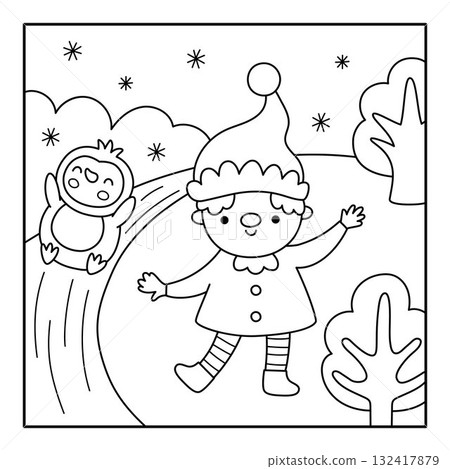 Vector black and white square Christmas village landscape. New Year night line scene with elf and penguin rolling down hill. Winter holiday coloring page for kids with dwarf sliding slope Vector black and white square Christmas village landscape. New Year night line scene with elf and penguin rolling down hill. Winter holiday coloring page for kids with dwarf sliding slope 132417879