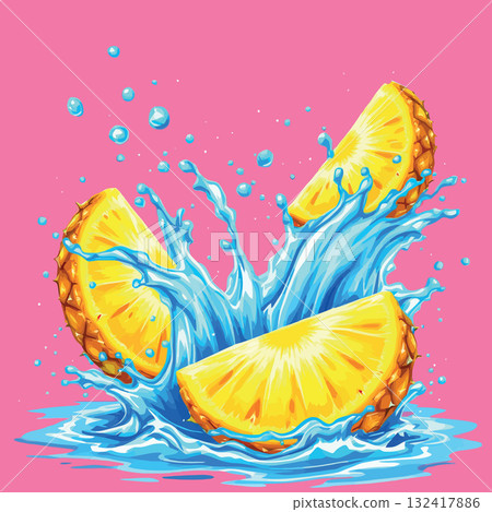 Vsai pineapple slices splashing in fresh water for refreshment 132417886