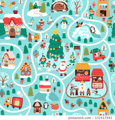 Vector New Year seamless pattern. Repeat background with Christmas village or city map. Cute festive digital paper for kids. Winter holiday texture with white road, path, traditional characters 132417891