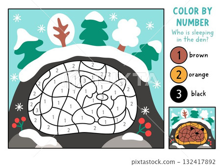 Vector Christmas color by number activity with brown bear sleeping in his den with colored background. Winter holiday black and white counting or colouring game. New Year coloring page for kids 132417892
