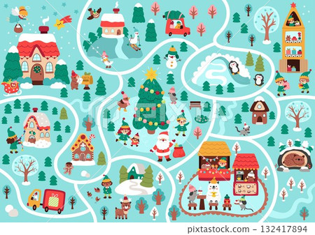 Christmas village map. New Year holiday background. Vector winter country scene with roads, fir tree, Santa Claus, houses, fair, animals, sport activities, elves. Cute holiday city or land plan Christmas village map. New Year holiday background. Vector winter country scene with roads, fir tree, Santa Claus, houses, fair, animals, sport activities, elves. Cute holiday city or land plan 132417894