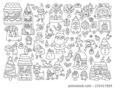Vector black and white Christmas clipart set. New Year line icons collection with Santa Claus, elves, deer, tree, present, animals, snowman. Cute festive illustrations for kids. Winter holiday Vector black and white Christmas clipart set. New Year line icons collection with Santa Claus, elves, deer, tree, present, animals, snowman. Cute festive illustrations for kids. Winter holiday 132417895