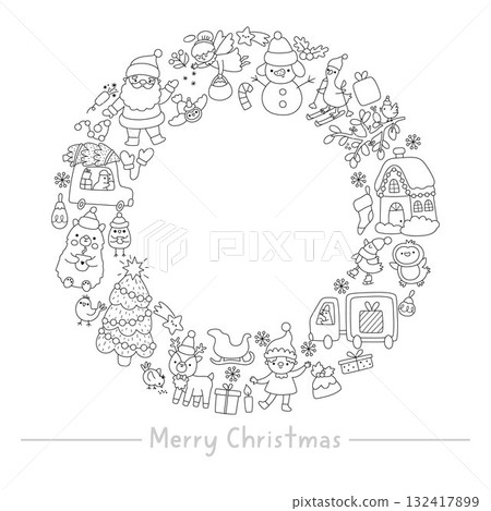 Vector black and white Christmas round frame, wreath with deer, tree, elf. New Year card template design for banners, invitations. Winter holiday line illustration, coloring page with Santa 132417899