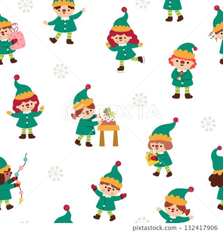 Vector Christmas seamless pattern. New Year repeat background with elves in green clothes. Cute festive digital paper for kids. Winter holiday texture with traditional characters 132417906