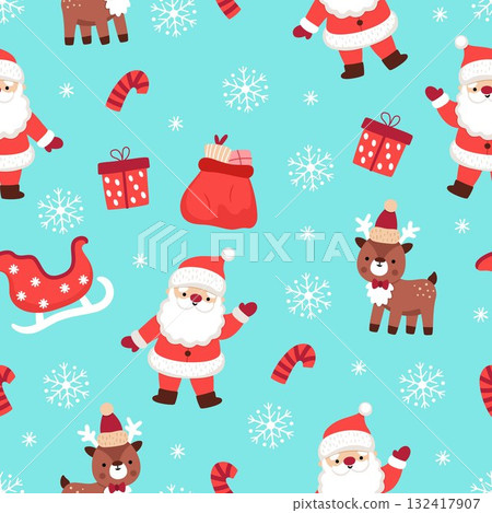 Vector Christmas seamless pattern. New Year repeat background with Santa Claus, deer, sledge. Cute festive digital paper for kids. Winter holiday texture with traditional characters Vector Christmas seamless pattern. New Year repeat background with Santa Claus, deer, sledge. Cute festive digital paper for kids. Winter holiday texture with traditional characters 132417907