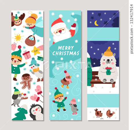 Cute Christmas bookmarks set with Santa Claus, polar bear, penguin, elf, animals skating on rink. Vector cartoon winter holiday vertical cards collection. New Year book mark print templates pack 132417914
