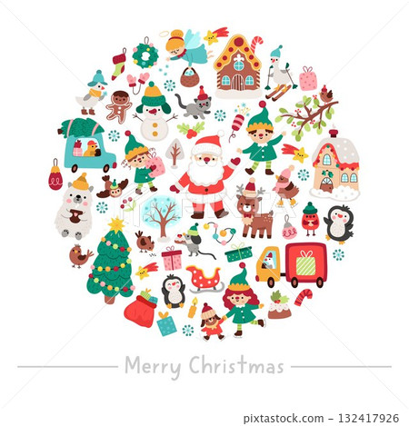 Vector Christmas round frame with traditional symbols, deer, decorated tree, elf. New Year card template design for banners, invitations. Cute winter holiday illustration with Santa Claus 132417926