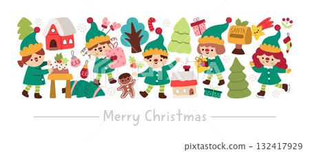 Vector horizontal Christmas border set with cute winter holiday characters. New Year card template design with elves in green clothes, presents, fir trees, houses, gingerbread man 132417929