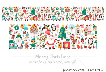Vector Christmas seamless pattern brush. New Year repeat border background with Santa Claus, elves, deer, fir tree, presents, houses, animals, snowman. Winter holiday festive digital paper for kid Vector Christmas seamless pattern brush. New Year repeat border background with Santa Claus, elves, deer, fir tree, presents, houses, animals, snowman. Winter holiday festive digital paper for kid 132417932
