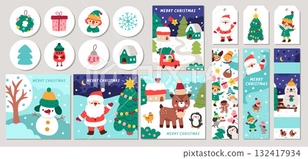 Cute Christmas cards set with Santa Claus, elves, deer, fir tree, presents, animals, snowman. Vector New Year square, round, vertical print templates. Winter holiday design for tags, postcards, ads Cute Christmas cards set with Santa Claus, elves, deer, fir tree, presents, animals, snowman. Vector New Year square, round, vertical print templates. Winter holiday design for tags, postcards, ads 132417934