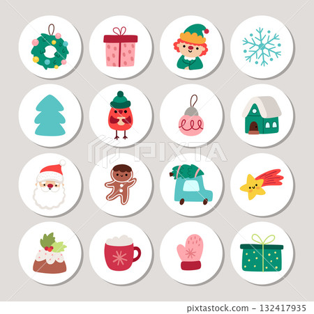 Christmas round cards set with Santa Claus, elf, tree, presents, snowflake, ball, house, mitten. Vector New Year highlight icons. Design for tags, ads, social media with winter holiday symbols Christmas round cards set with Santa Claus, elf, tree, presents, snowflake, ball, house, mitten. Vector New Year highlight icons. Design for tags, ads, social media with winter holiday symbols 132417935