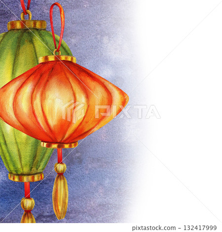 Couple of Chinese traditional flashlights. Lantern festival, mid autumn holiday Watercolor illustration For tea party design, travel books and maps, greeting cards, clip art, stickers. Asian tourism. 132417999