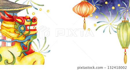 Chinese gate lion, flashlights, fireworks on sky. Lantern festival, mid autumn. Watercolor illustration For tea party design, travel books and maps, greeting cards, clip art, stickers. Asian tourism. 132418002