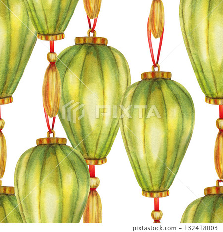 Green Chinese paper lanterns, silk brushes Seamless pattern. Lantern festival Watercolor illustration. For tea party design, travel books and maps, greeting cards, clip art, stickers. Asian tourism. 132418003