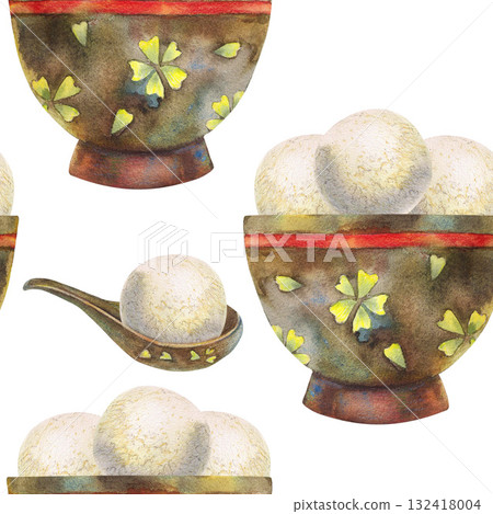 Chinese rice dessert in bowl with spoon. Seamless pattern. Lantern festival Watercolor illustration. For tea party design, travel books and maps, greeting cards, clip art, stickers. Asian tourism. Chinese rice dessert in bowl with spoon. Seamless pattern. Lantern festival Watercolor illustration. For tea party design, travel books and maps, greeting cards, clip art, stickers. Asian tourism. 132418004