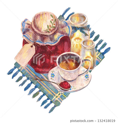 Summer fruits jam in jar and tag, two burning candles in glasses, tea cup plate and spoon on blue napkin. Watercolor illustration. For tea party, vintage kitchen, menu design banners and clip art. 132418019
