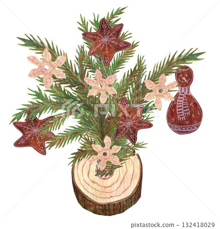 Gingerbread cookies, Christmas tree green branch. Watercolor illustration. Elements for architectural sketches, magazines, Christmas greeting cards. Forest objects and plants in color illustration. 132418029