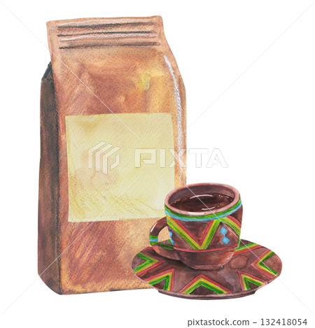Brown coffee bag, cup and plate with traditional Ethiopian ornament watercolor isolated illustration. Craft paper pouch ripe coffee cherries on branch and arabica roasted beans clip art. Brown coffee bag, cup and plate with traditional Ethiopian ornament watercolor isolated illustration. Craft paper pouch ripe coffee cherries on branch and arabica roasted beans clip art. 132418054