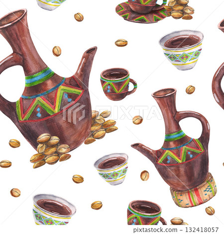 Seamless pattern with Ethiopian traditional coffee clay dishes with ornament, straw wicker stand, arabica roasted beans, Watercolor illustration. Vibrant produce, culinary books menu banners cards. 132418057