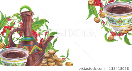 Ethiopian traditional coffee clay dishes with ornament, arabica roasted beans, Watercolor illustration ripe coffee cherries on branch clip art. Vibrant produce, culinary books cafe menu banners cards. 132418058