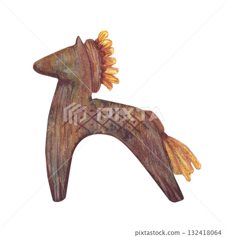 Toy handmade wooden horse. Watercolor and color pencils isolated illustration. For home interior decoration, tea party ceremony, vintage kitchen table setting, menu design banners and clip art. Toy handmade wooden horse. Watercolor and color pencils isolated illustration. For home interior decoration, tea party ceremony, vintage kitchen table setting, menu design banners and clip art. 132418064