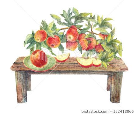 Red ripe apple and slices on ceramic plate, fruit branch with green leaves, wooden rustic table. Watercolor food. Illustrations for cooking book, restaurant menu, recipes, banners, greeting cards. Red ripe apple and slices on ceramic plate, fruit branch with green leaves, wooden rustic table. Watercolor food. Illustrations for cooking book, restaurant menu, recipes, banners, greeting cards. 132418066