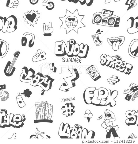 Summer city lifestyle graffiti doodle characters objects sign and symbols seamless pattern , funny vector background for kids Summer city lifestyle graffiti doodle characters objects sign and symbols seamless pattern , funny vector background for kids 132418229